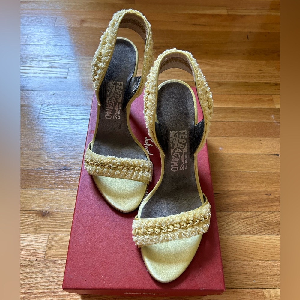 Once worn (for 1 hr!) Ferragamo pale yellow satin sandals with dust bag and box